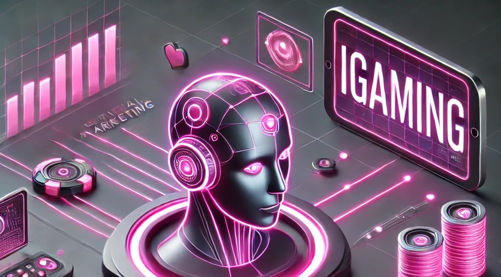 -Uma-cena-moderna-de-marketing-digital-para-iGaming-apresentando-tons-de-rosa-neon-e-cinza-representando-as-tendências-de-vanguarda-na-indústria.